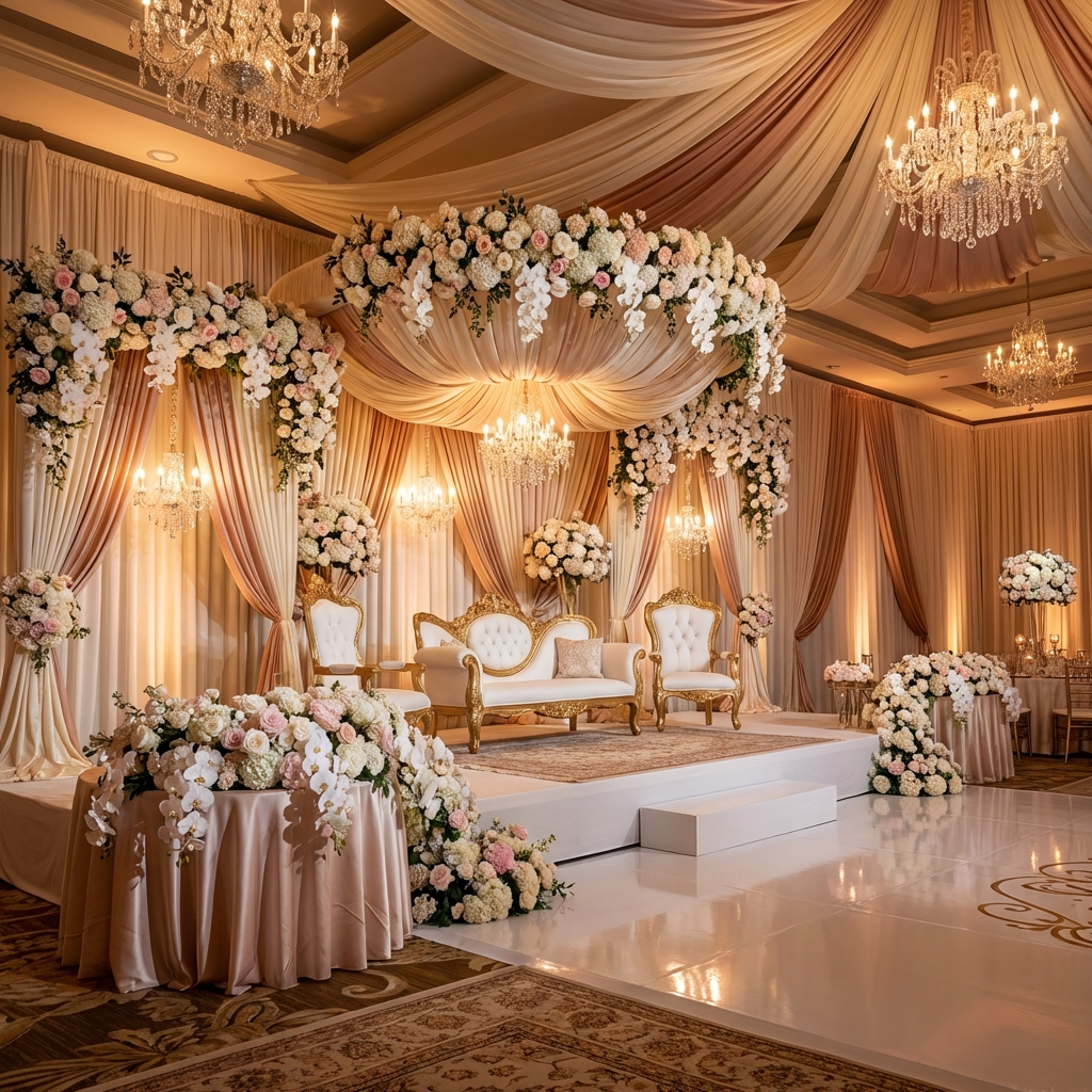 إعداد حفل زفاف فاخر في ملاذ للحفلات والمناسبات الشرقية